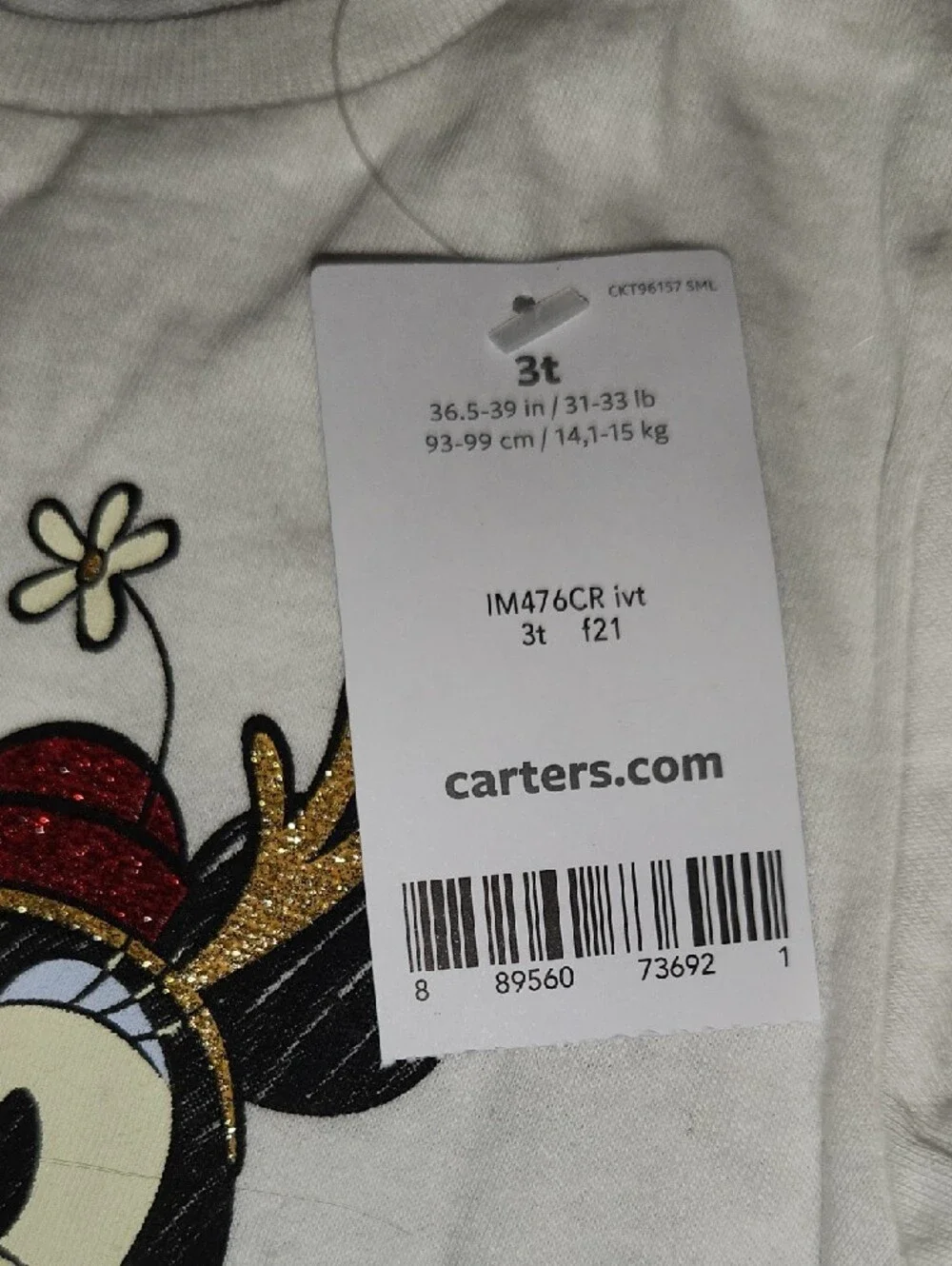 NWT Carter's White Girls' Mickey & Minnie Holiday Long-Sleeve Top